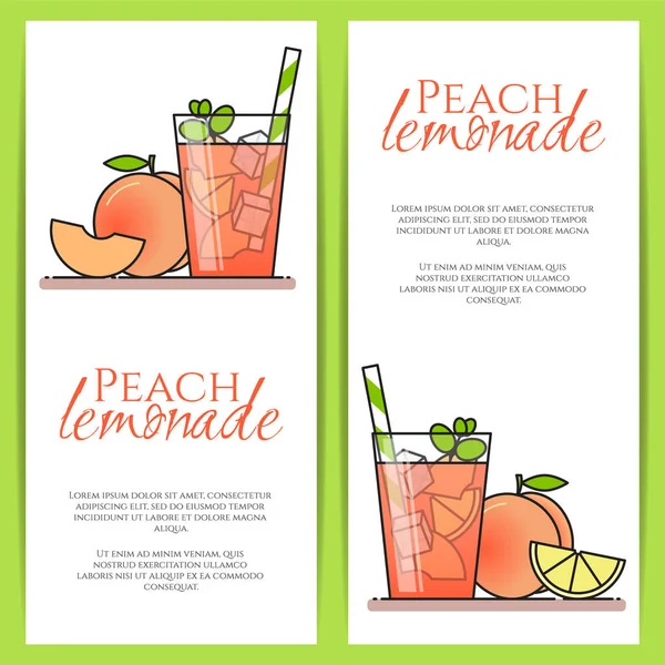 Pfirsich-Limonade mit Fruchtscheiben, Eis und im Glas mit Stroh gemeint, Zitrone und Pfirsich schneiden. Reihe vertikaler Banner. — Stockvektor
