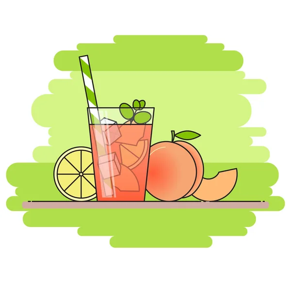 Pfirsich-Limonade mit Fruchtscheiben, Eis und im Glas mit Stroh gemeint, Zitrone und Pfirsich auf grünem Hintergrund geschnitten. — Stockvektor