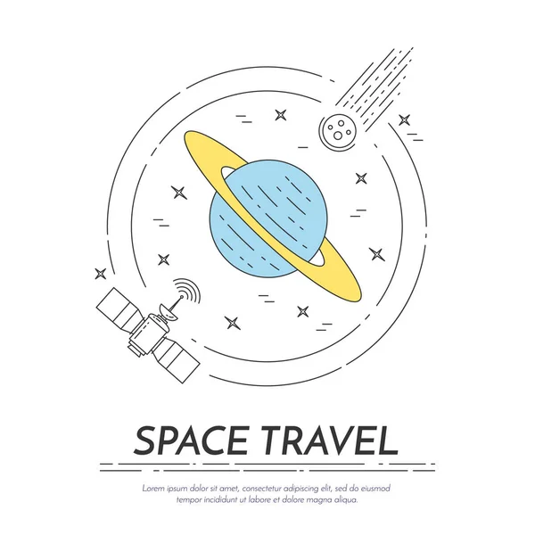 Banner de la línea de viaje espacial. Conjunto de elementos de planetas, naves espaciales, ovni, satélite, catalejo y otros pictogramas del cosmos . — Archivo Imágenes Vectoriales