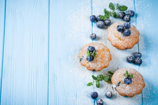 Yaban mersini, taze meyveler, mavi ahşap zemin üzerine nane, toz şeker ile ev yapımı Fırında kek. Üstten Görünüm.