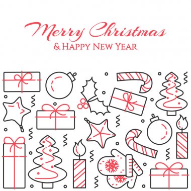 Noel ağacı, hediyeler, süslemeleri, mumlar ile yatay banner. Düz Hat sanatı. Vektör çizim.