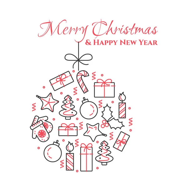 Karácsonyi vízszintes banner fát, ajándék, dekoráció labdát formában. Sima vonalas. Vektoros illusztráció. — Stock Vector