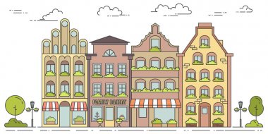 Evler, ağaçlar ve bulutlar şehir manzarası. Vektör çizim. Düz çizgi sanat stili.