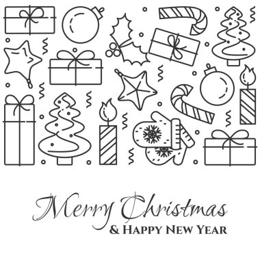 Noel ağacı, hediyeler, süslemeleri, mumlar ile yatay banner. Düz Hat sanatı. Vektör çizim