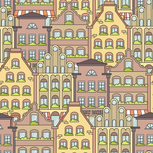 Padrão sem costura paisagem da cidade com casas de apartamento. Ilustração vetorial de arte de linha . — Vetor de Stock