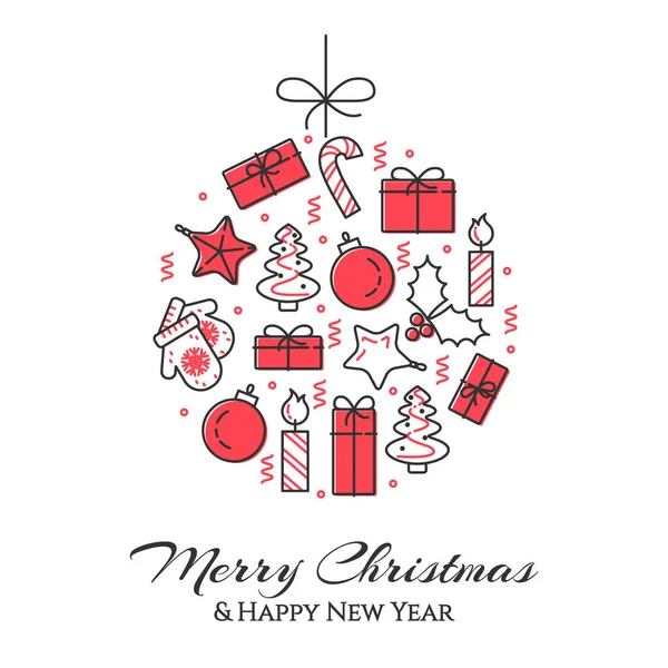 Karácsonyi vízszintes banner fát, ajándék, dekoráció labdát formában. Sima vonalas. Vektoros illusztráció. — Stock Vector