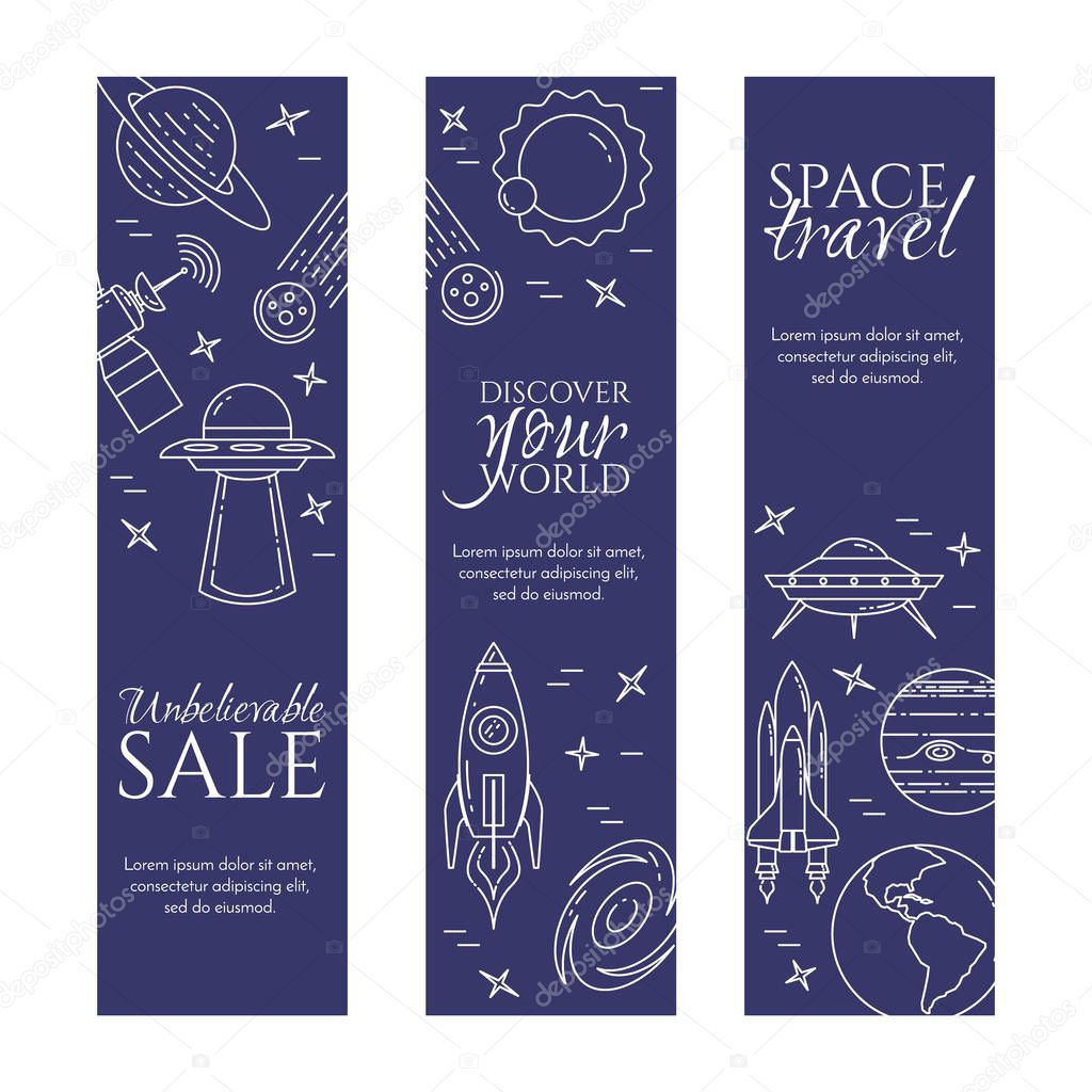 Space travel line banner. Set of elements of planets, space ships, ufo, satellite, spyglass and other cosmos pictograms.