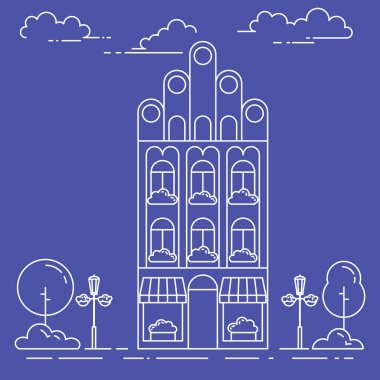 Şehir manzarası evi, ağaçlar ve bulutlar. Vektör çizim. Düz çizgi sanat stili.