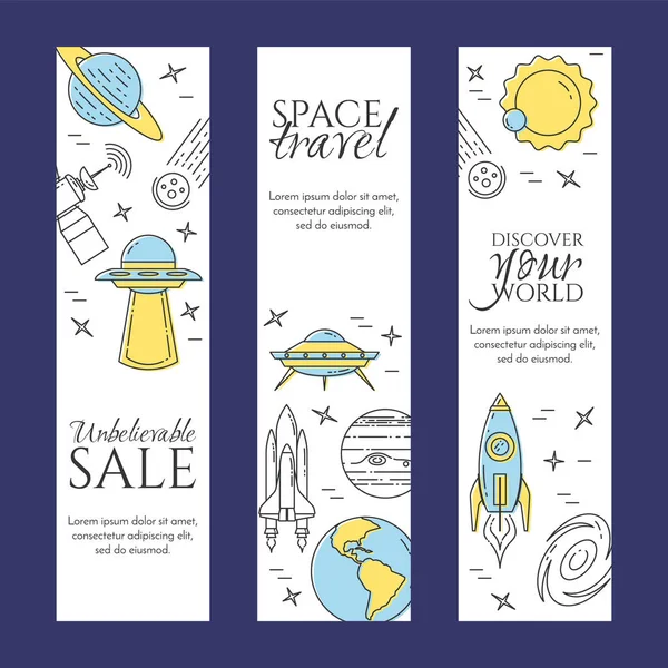 Banner de linha de viagem espacial. Conjunto de elementos de planetas, naves espaciais, ufo, satélite, spyglass e outros pictogramas cosmos . —  Vetores de Stock