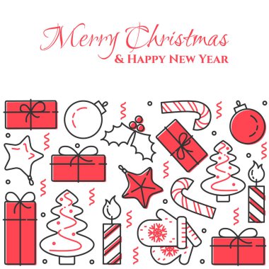 Noel ağacı, hediyeler, süslemeleri, mumlar ile yatay banner. Düz Hat sanatı. Vektör çizim.