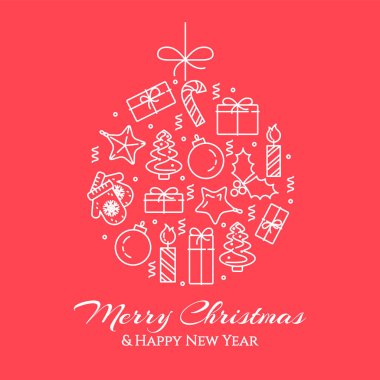 Noel ağacı, hediyeler, top şeklinde süslemeleri ile yatay banner. Düz Hat sanatı. Vektör çizim.