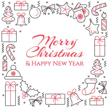 Noel ağacı, hediyeler, süslemeleri, mumlar ile yatay banner. Düz Hat sanatı. Vektör çizim.