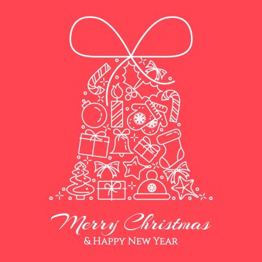 Noel ağacı, hediyeler, çan şeklinde süslemeleri ile yatay banner. Düz Hat sanatı. Vektör çizim.