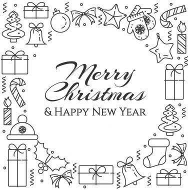 Noel ağacı, hediyeler, süslemeleri, mumlar ile yatay banner. Düz Hat sanatı. Vektör çizim.