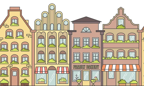 City landscape border seamless pattern with apartment houses. Line art vector illustration.