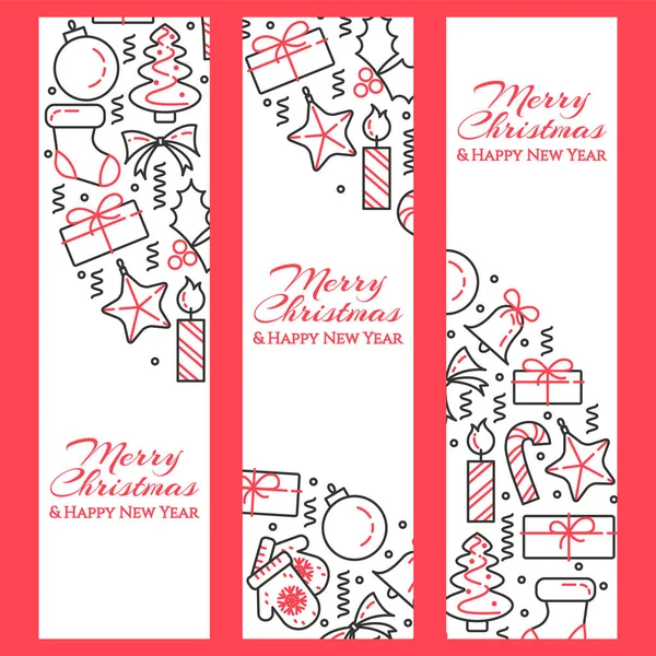 Weihnachtsbanner mit Baum, Geschenken, Dekorationen in Form eines Kreises. Flachbild-Kunst. Vektorillustration. — Stockvektor