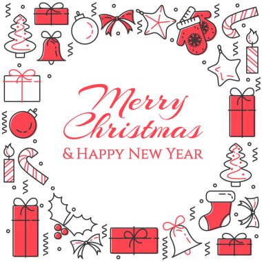 Noel ağacı, hediyeler, süslemeleri, mumlar ile yatay banner. Düz Hat sanatı. Vektör çizim.