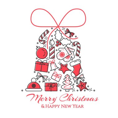 Noel ağacı, hediyeler, çan şeklinde süslemeleri ile yatay banner. Düz Hat sanatı. Vektör çizim.