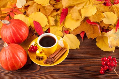 Sonbahar yatay afiş sarı ile kırmızı yaprakları, pumpkins, fincan kahve ve guelder gül kahverengi ahşap zemin üzerinde.