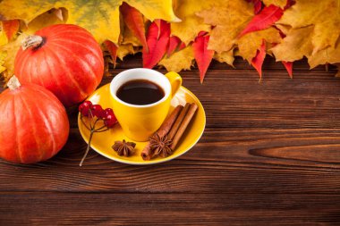 Sonbahar yatay afiş sarı ile kırmızı yaprakları, pumpkins, fincan kahve ve guelder gül kahverengi ahşap zemin üzerinde.