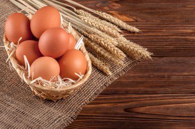 Tavuk yumurta yatay banner. Eko tarım kavramı. Kırmızı yumurta ve buğday kulaklar kahverengi ahşap dokulu arka plan üzerine Sivas'tan parçası üzerinde. Organik gıda.