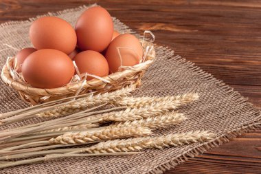 Tavuk yumurta yatay banner. Eko tarım kavramı. Kırmızı yumurta ve buğday kulaklar kahverengi ahşap dokulu arka plan üzerine Sivas'tan parçası üzerinde. Organik gıda.