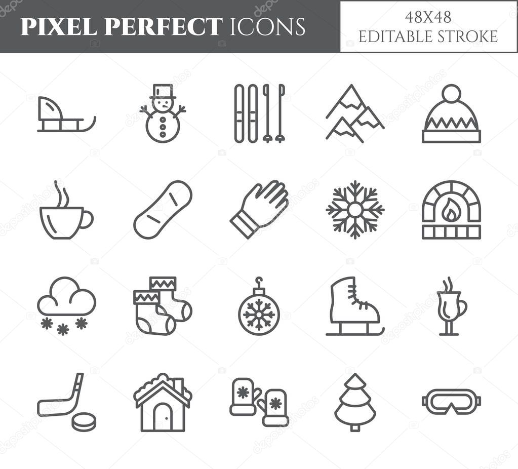Winter vacation theme pixel perfect thin line icons. Set of elements of snow, mountains, skis, skates, sleigh, tree, clothes, hot drinks, other winter holidays related pictograms. Vector.