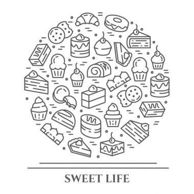 Kek ve kurabiye Tema yatay banner. Sembollerin, pasta, kek, bisküvi, tiramisu, rulo ve diğer tatlı öğeleri satır sembolleri basit siluet düzenlenebilir kontur dışarı ilgili