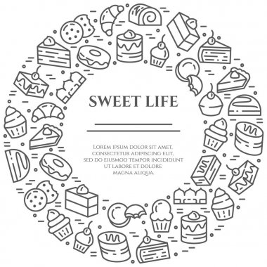 Kek ve kurabiye Tema yatay banner. Sembollerin, pasta, kek, bisküvi, tiramisu, rulo ve diğer tatlı öğeleri satır sembolleri basit siluet düzenlenebilir kontur dışarı ilgili