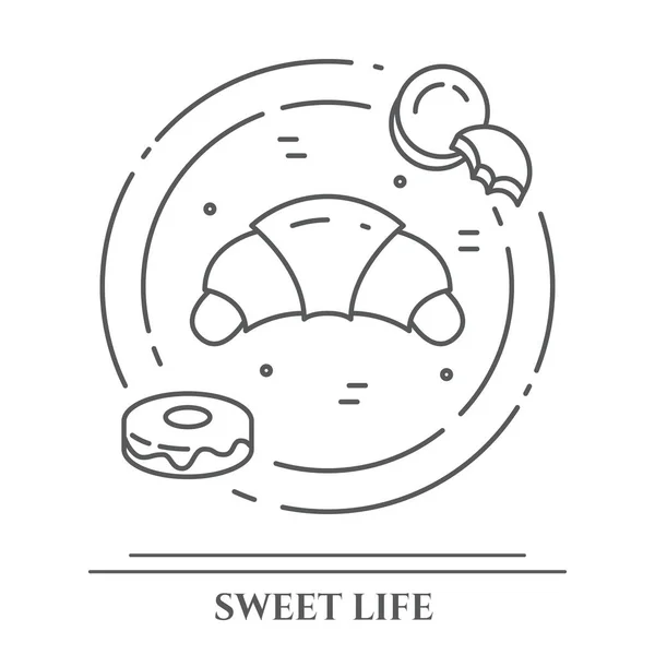 テーマのケーキやクッキーの水平型バナー。パイ、ブラウニー、ビスケット、ティラミス、ロール、その他のデザートの絵文字関連要素ライン シンボルのシンプルなシルエットの編集可能なストロークを — ストックベクタ