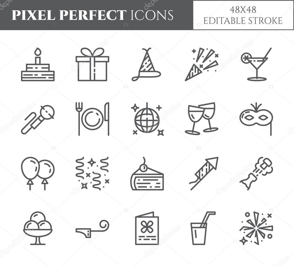 Birthday party theme pixel perfect thin line icons. Set of elements of cake, present, champagne, disco, firework and other entertainment related pictograms. Vector illustration. Editable stroke