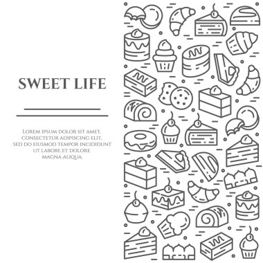 Kek ve kurabiye Tema yatay banner. Sembollerin, pasta, kek, bisküvi, tiramisu, rulo ve diğer tatlı öğeleri satır sembolleri basit siluet düzenlenebilir kontur dışarı ilgili