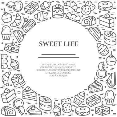 Kek ve kurabiye Tema yatay banner. Sembollerin, pasta, kek, bisküvi, tiramisu, rulo ve diğer tatlı öğeleri satır sembolleri basit siluet düzenlenebilir kontur dışarı ilgili