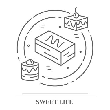 Kek ve kurabiye Tema yatay banner. Sembollerin, pasta, kek, bisküvi, tiramisu, rulo ve diğer tatlı öğeleri satır sembolleri basit siluet düzenlenebilir kontur dışarı ilgili