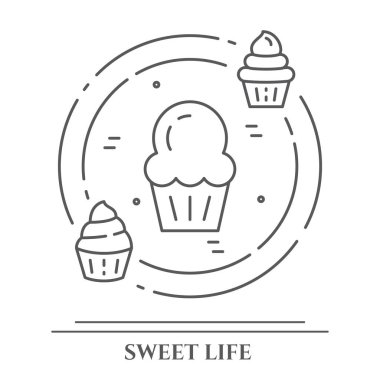 Kek ve kurabiye Tema yatay banner. Sembollerin, pasta, kek, bisküvi, tiramisu, rulo ve diğer tatlı öğeleri satır sembolleri basit siluet düzenlenebilir kontur dışarı ilgili