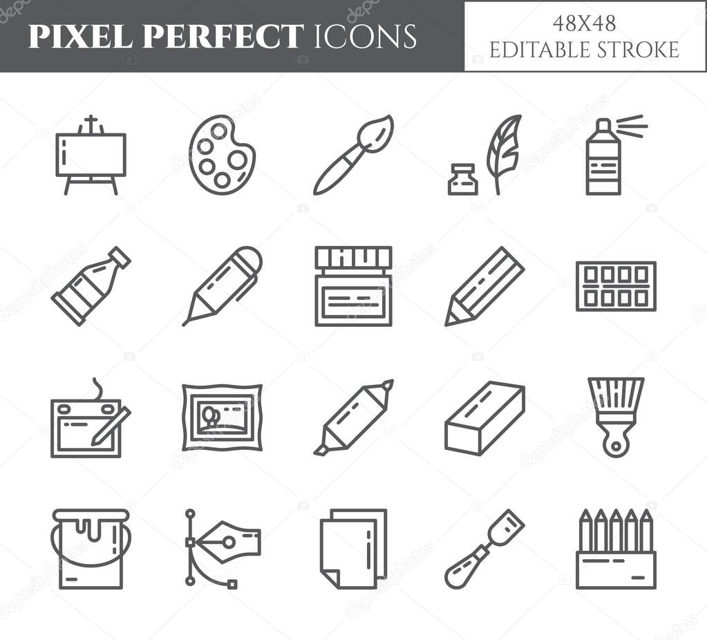 Art supplies theme pixel perfect thin line icons. Set of elements of paintbrush, graphic tablet, canvas, palette, paints and other artist tools related pictograms. Vector. Editable stroke