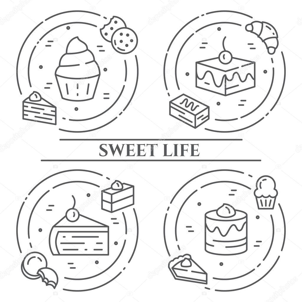 Cakes and cookies theme horizontal banner. Pictograms of pie, brownie, biscuit, tiramisu, roll and other dessert related elements Line out symbols Simple silhouette Editable stroke