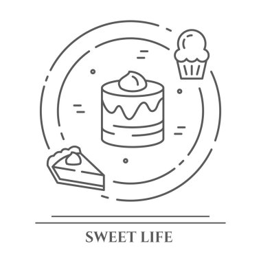 Kek ve kurabiye Tema yatay banner. Sembollerin, pasta, kek, bisküvi, tiramisu, rulo ve diğer tatlı öğeleri satır sembolleri basit siluet düzenlenebilir kontur dışarı ilgili