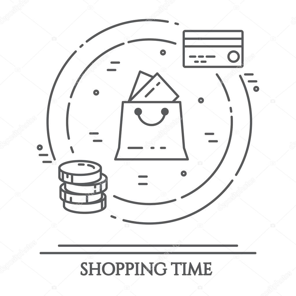 Shopping theme horizontal banner. Pictograms of bag, credit card, shop, delivery, cash, wallet, cart, sticker and other purchases related elements. Vector illustration.