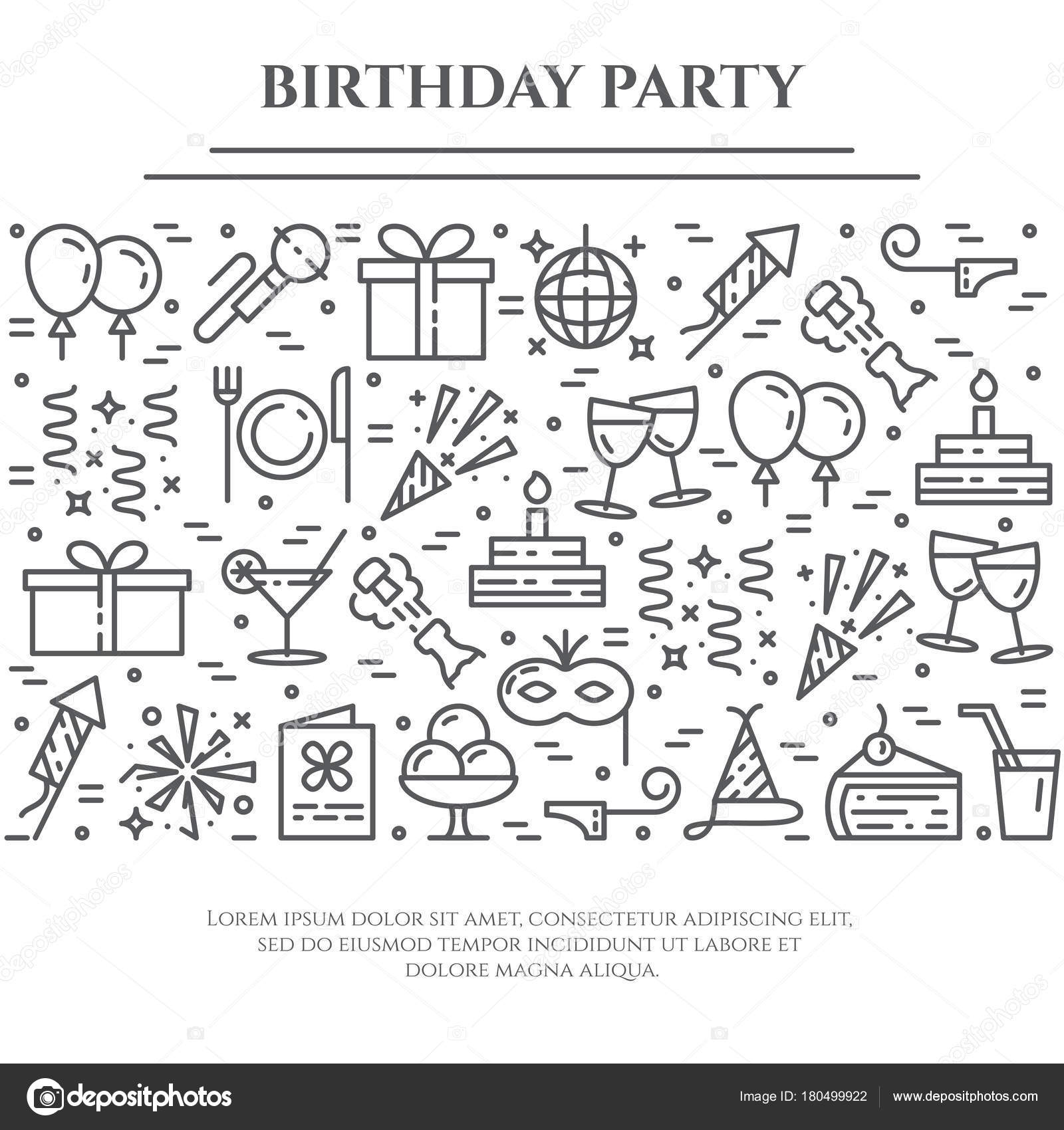 Birthday Party Theme Horizontal Banner Set Of Elements Of Cake Present Champagne Disco Firework And Other Entertainment Related Pictograms Vector Illustration Editable Stroke Vector Image By C Rojdesign Vector Stock