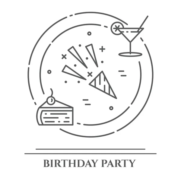 Doğum günü partisi tema yatay banner. Kek, mevcut, unsurları ayarla şampanya, disko, havai fişek ve diğer eğlence sembollerin ile ilgili. Vektör çizim. Düzenlenebilir kontur — Stok Vektör