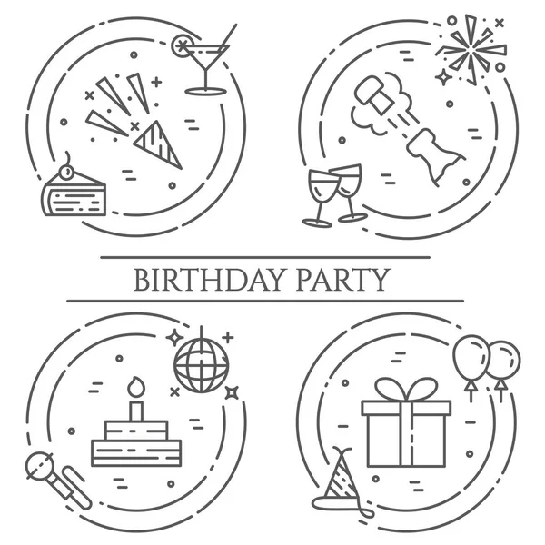 День рождения тема горизонтальный баннер. Набор элементов торта, подарков, шампанского, диско, фейерверков и других развлекательных пиктограмм. Векторная иллюстрация. Штрих к таблице — стоковый вектор