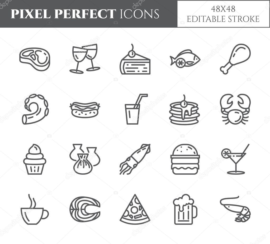 Meals theme pixel perfect thin line icons. Set of elements of pie, steak, fish, tea, wine, shrimp, pizza and other restaurant food related pictograms. Vector illustration. 48x48 pixel. Editable stroke