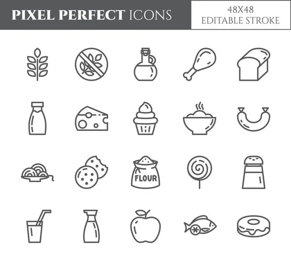 Produtos sem glúten pixel tema perfeito ícones de linha fina. Conjunto de elementos de trigo, carne, frutas, bolos e outros pictogramas relacionados à dieta. Ilustração vetorial. 48x48 pixels. AVC editável — Vetor de Stock