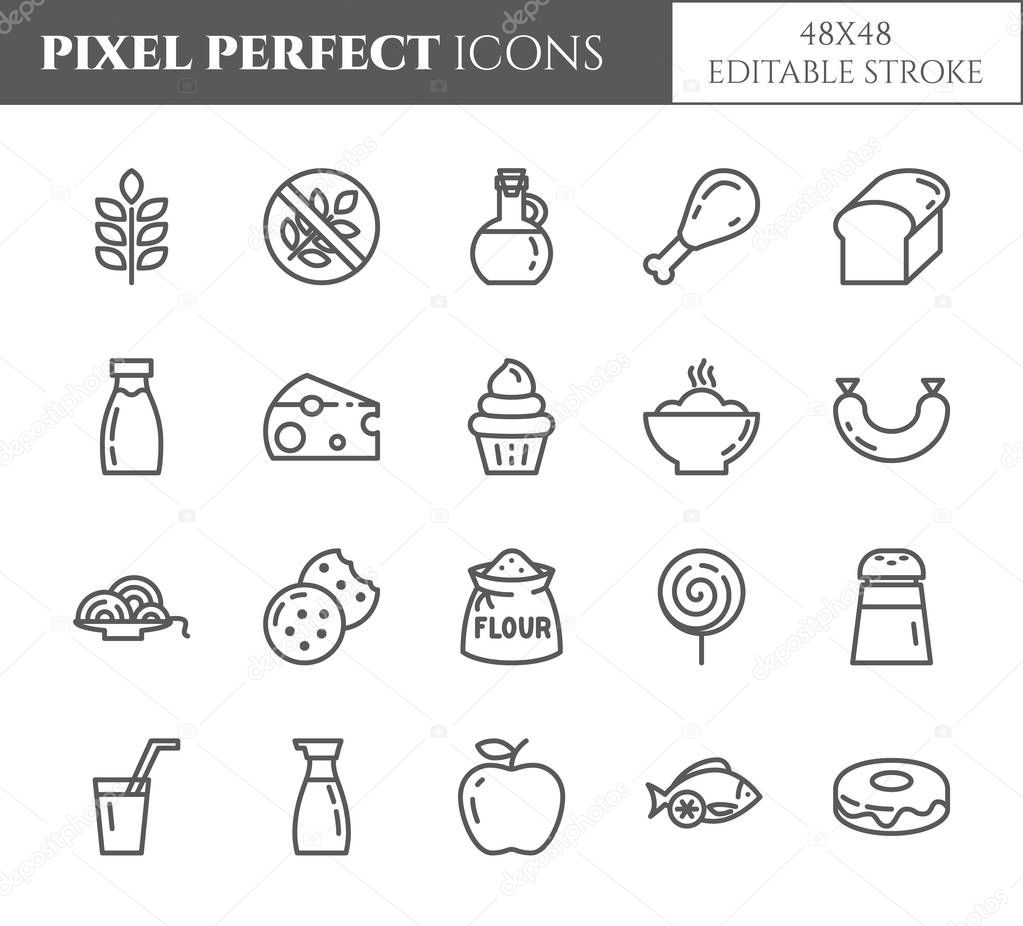 Gluten free products theme pixel perfect thin line icons. Set of elements of wheat, meat, fruits, cakes and other diet related pictograms. Vector illustration. 48x48 pixels. Editable stroke