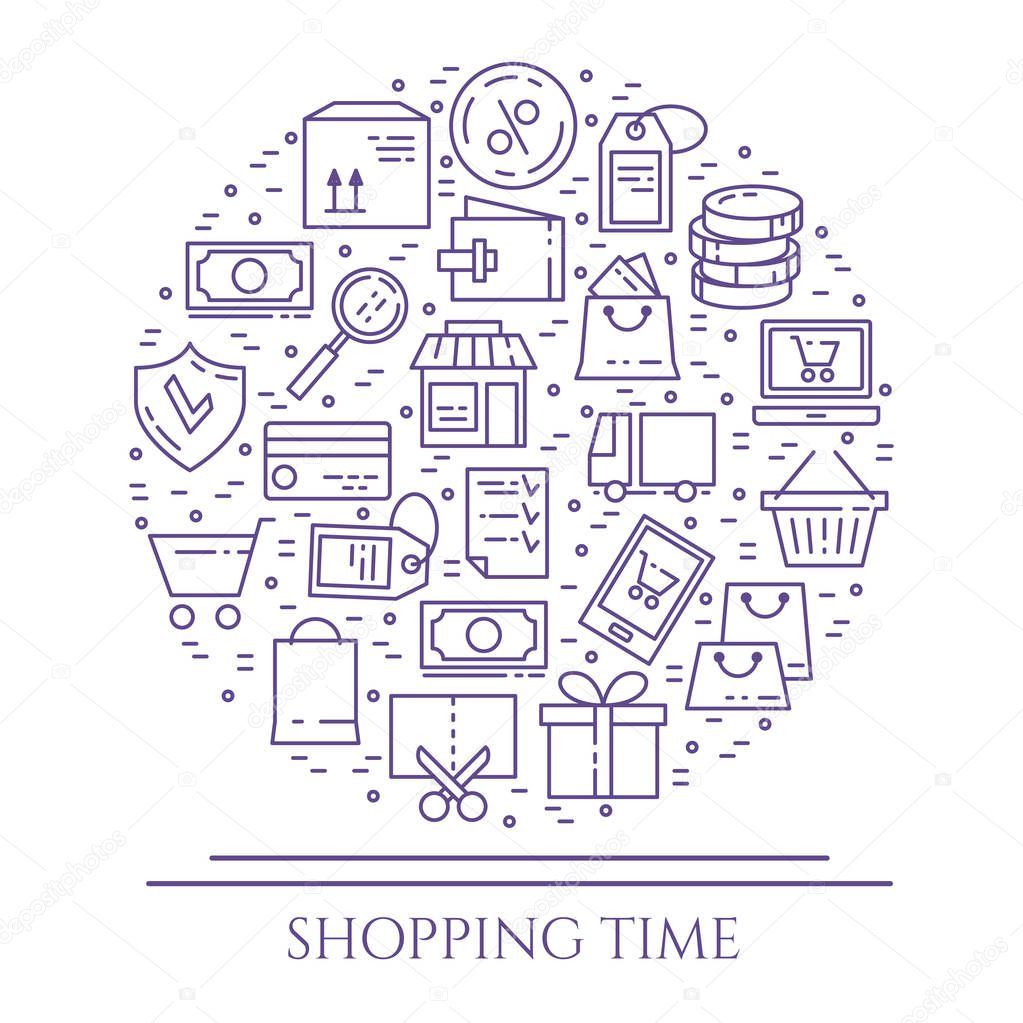 Shopping theme violet horizontal banner. Pictograms of bag, credit card, shop, delivery, cash, wallet, cart, sticker, other purchases related elements. Vector illustration Editable stroke