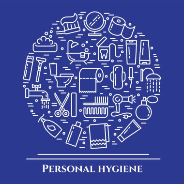 Kişisel Hijyen mavi çizgi afiş. Duş, sabun, banyo, tuvalet, diş fırçası ve diğer temizlik sembollerin öğeleri kümesi. Hat çıkışı. Basit siluet. Düzenlenebilir inme. Vektör çizim
