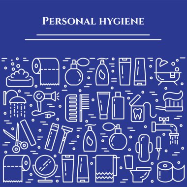 Kişisel Hijyen mavi çizgi afiş. Duş, sabun, banyo, tuvalet, diş fırçası ve diğer temizlik sembollerin öğeleri kümesi. Hat çıkışı. Basit siluet. Düzenlenebilir inme. Vektör çizim