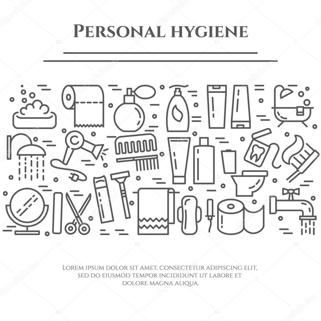 Personal hygiene line banner. Set of elements of shower, soap, bathroom, toilet, toothbrush and other cleaning pictograms. Line out. Simple silhouette. Editable stroke. Vector illustration