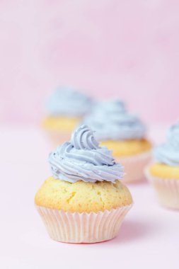 Cupcake pastel pembe bir arka plan üzerinde Menekşe buttercream ile dekore edilmiştir. Tatlı güzel pasta. Dikey afiş, düğün, doğum günü, kadınlar günü için tebrik kartı. Fotoğraf kadar kapatın. Seçici odak